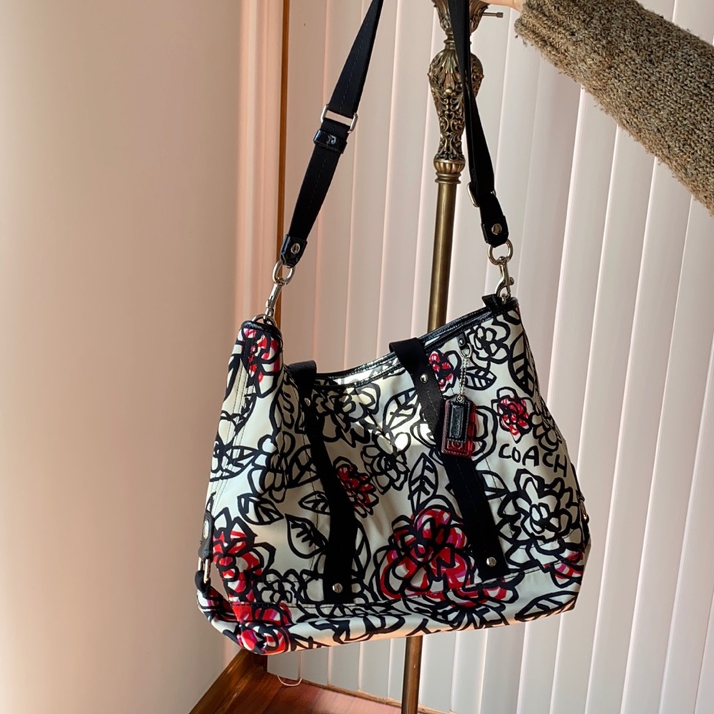 Coach purse, multi color, hot pink inside
